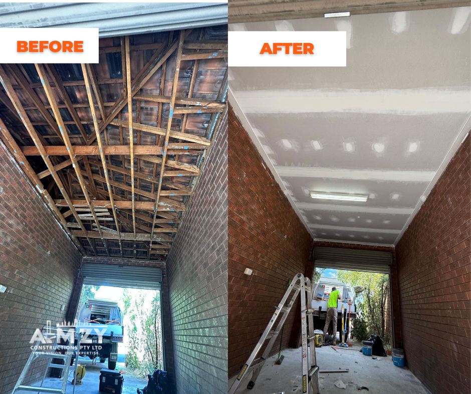 This garage ceiling was fully restored by our expert plastering team &mdash; from exposed timber framing to a professional, clean drywall finish, ready for painting!